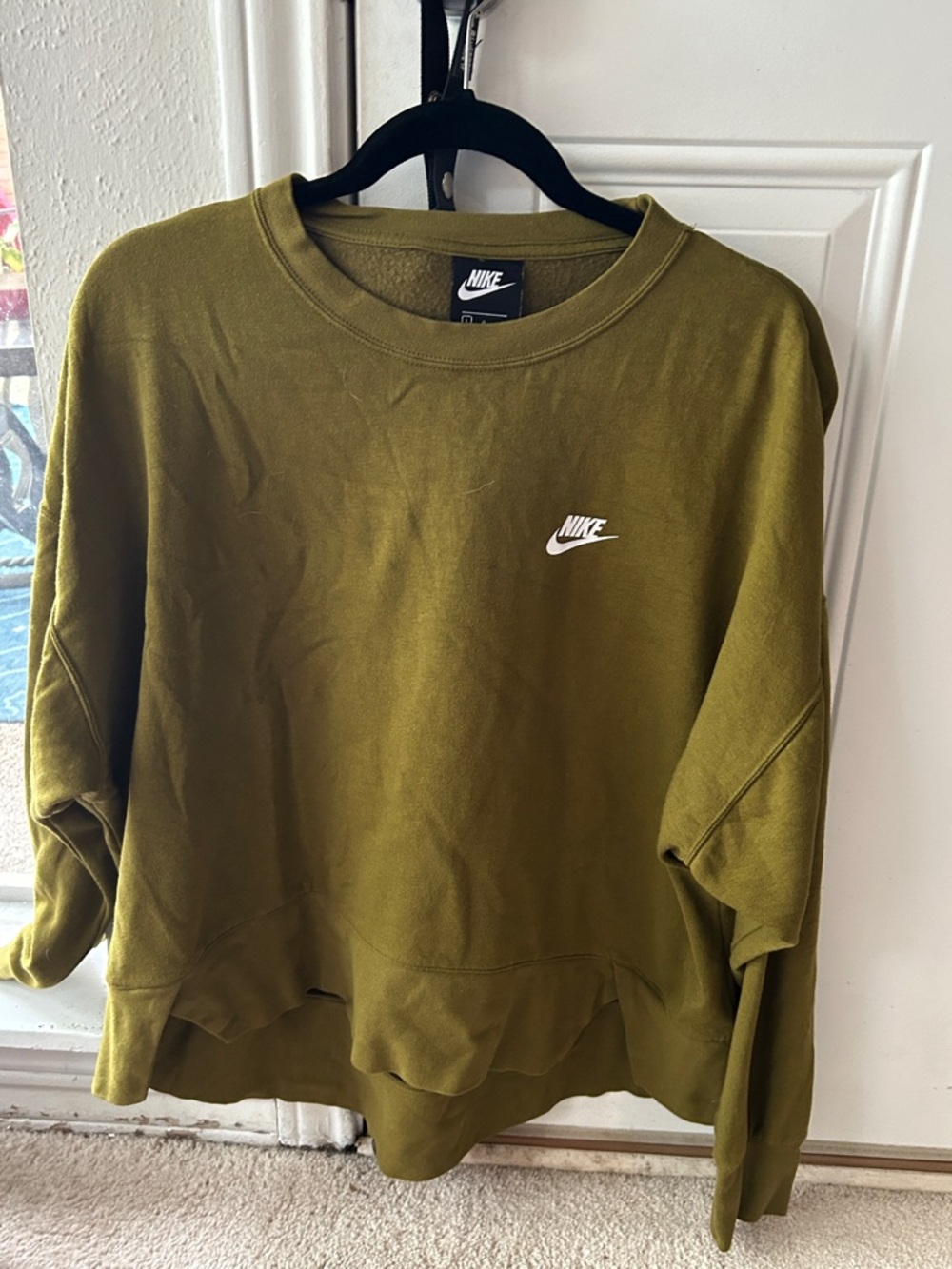Nike Olive Crewneck Sweatshirt with White Logo relaxed oversized fit.  Comfy